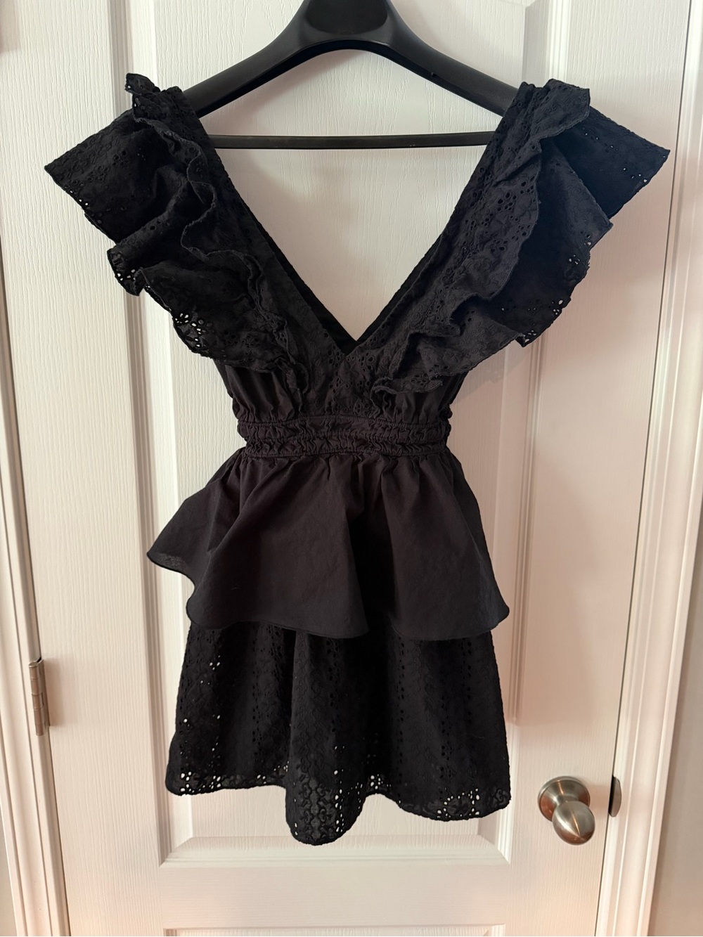 Women's Black Ruffle V-Neck Mini Dress